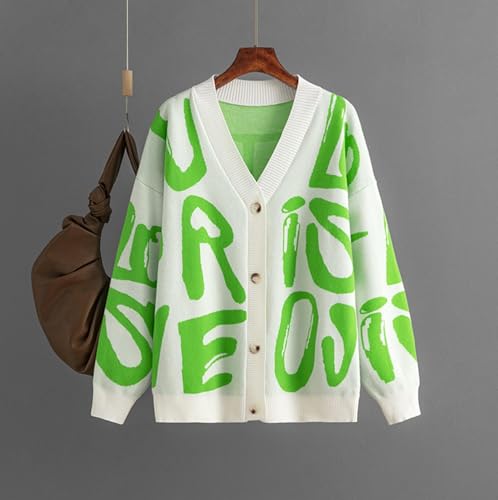 Image of Women's Knit Long Sleeve Open Front Cardigan V-Neck Button Down Letter Pattern Sweater Coat Outwear