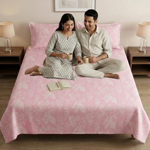 Image of Mafatlal 186 TC Metro Cotton Double Bed Bedsheet | 90x100 Inch|Soft, Breathable & Lightweight | Includes 2 Pillow Covers | Honey Pink 1
