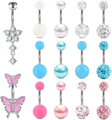 Anicina 14G Belly Button Ring Surgical Steel Belly Rings for Women Silver Navel Rings Butterfly Flower Belly Button Piercing Jewelry 10mm Navel Belly Curved Barbell Studs