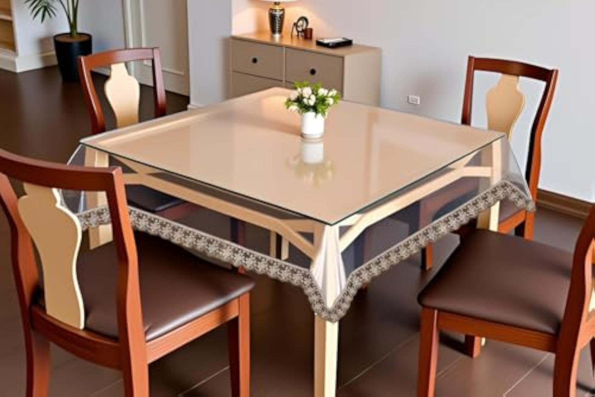Classic Transparent Plastic Table Cover with Golden Lace