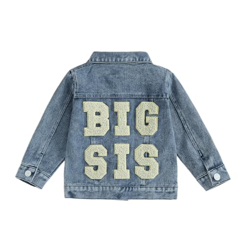 VISGOGO Toddler Baby Girl Jacket Big Lil Sister/Brother Letter Embroidery Jean Long Sleeve Cardigan Button Denim Coat, Blue-big Sis, 12-18 Months