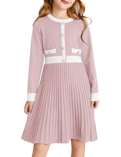 Mädchen Strickkleid Freizeitkleid Kinder Herbst Langarm A-Linie Winterkleid Swingkleid Weihnachtskleid Rosa 12-14 Jahre