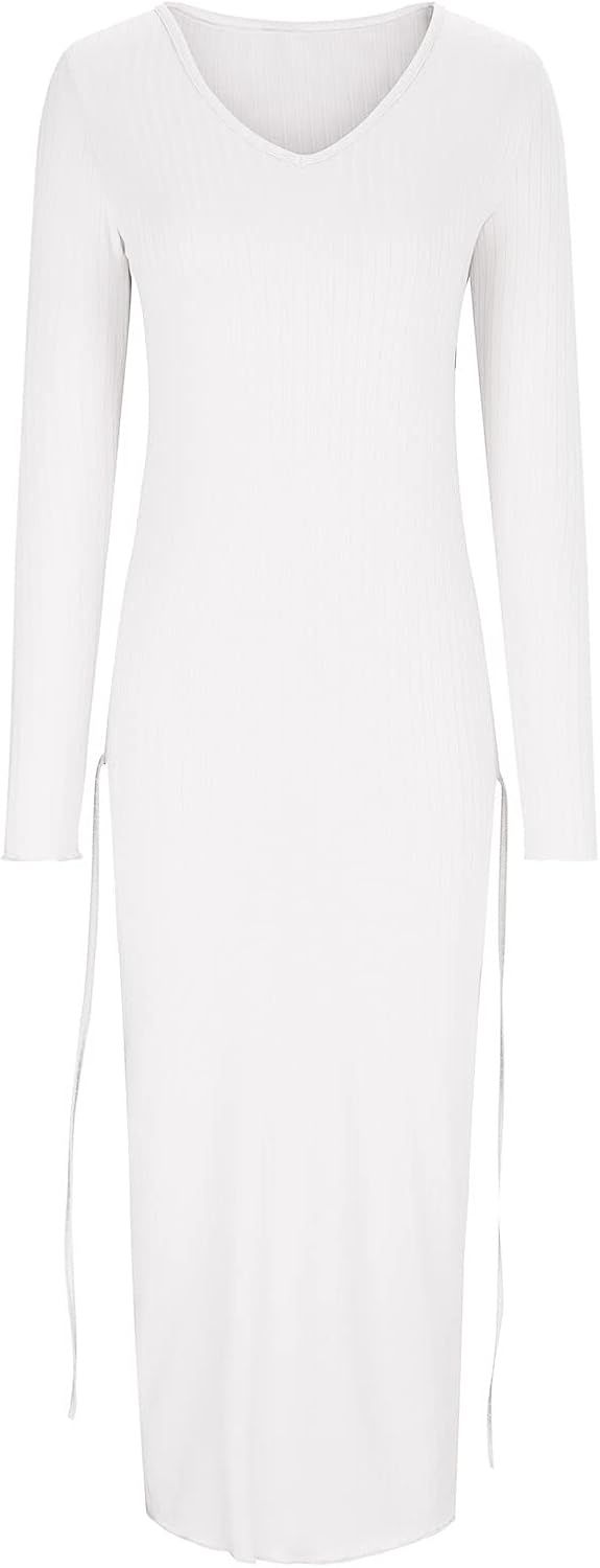 Lmdudan Maxi Dress for Women's V Neck Long Sleeve Solid Color Dresses Slim Fit Knit Cocktail Party Bodycon Dress for Women