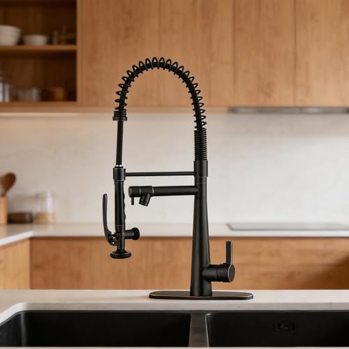 Image of Kitchen Faucet, Solid Brass Oil Rubbed Bronze Kitchen Faucet, Heavy Duty Spring Pre-Rinse Single Handle Kitchen Faucets with Pull Down Sprayer and Pot Filler, Commercial Style Sink Faucet