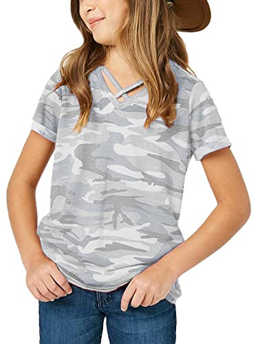 Image of Girls Camouflage Stripe Short Sleeve Shirts V Neck Criss Cross Tees Sweat Kids Casual Sport Tops Blouse（4-15T）