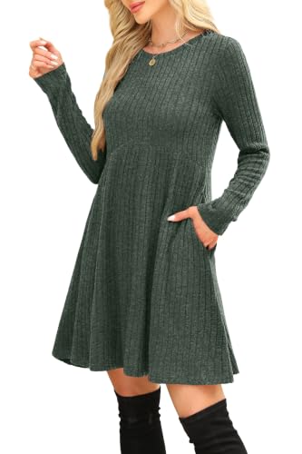 Image of OFEEFAN Long Sleeve Dress for Women Crew Neck Empire Waist Tunic Dress with Pockets