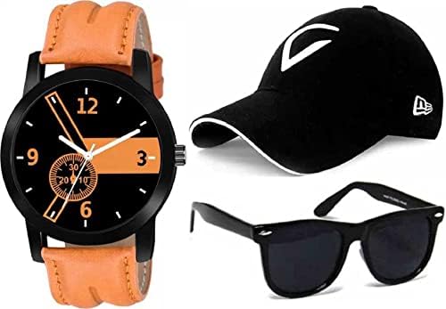 PUTHAKCombo Pack of 3 Stylish Dial Watch, Stylish Sport Baseball Cap & Stylish Aviator Wayfarer Sunglass for Men's and Boy's (Pack of 3) PTHK-1731