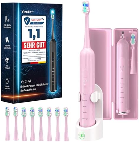 Elektrische Schallzahnbürste für Erwachsene & Kinder,5 Putzmodi mit 3 Intensitätsstufen,8 Ersatzbürstenköpfe & Reiseetui,Wiederaufladbare Sonic Toothbrush
