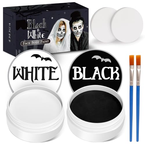 Black and White Face Body Paint with 2 Brushes and 2 Sponges, Non Toxic and High-capacity Cospaly Accessories, Art Special Effects Makeup Kit for Halloween Vampire and Clown Makeup