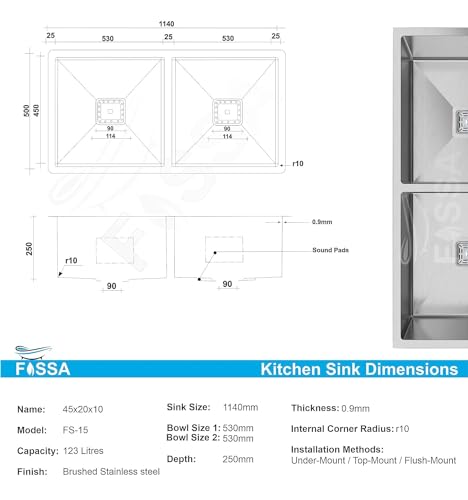 Image of Fossa 45x20x10 Inch Handmade Double Bowl Kitchen Sink | Premium Stainless Steel Sink with Waste Coupling, PVC Waste Pipe & Fruit Basket | Heavy-Duty for Modern Kitchens Silver (Matte Finish)