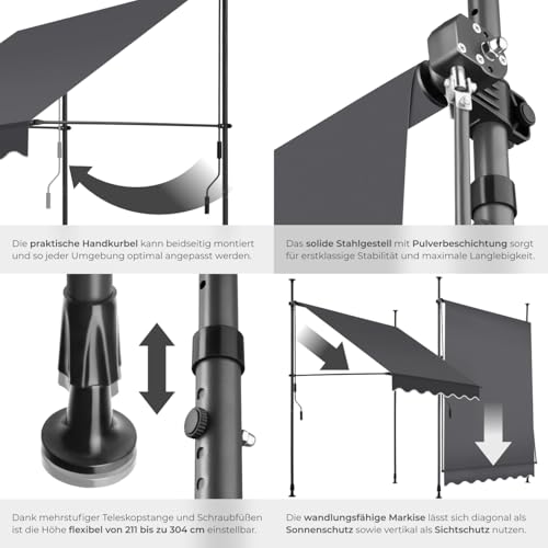 tectake® Klemmmarkise mit Handkurbel, Balkon Markise ohne Bohren, Markise höhenverstellbar, UV-beständig, wasserabweisend, Terrassenüberdachung, Sonnenschutz Terrasse & Balkon, 150 cm - schwarz/grau 5