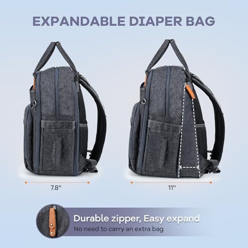 Image of RUVALINO Diaper Bag Backpack-Expandable Baby Bag with up to 50% Capacity -Baby Essentials Bag with Changing Pad Insulated Bottle Holders & Pacifier Case, Waterproof, Dark Gray XL
