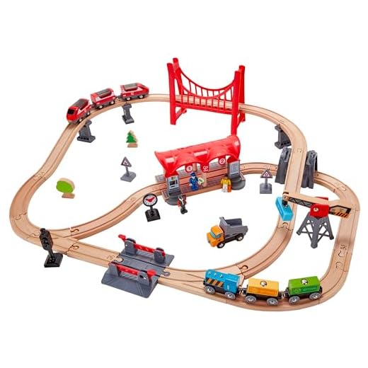 Hape Busy City Train Rail Set , Complete City-Themed Wooden Rail Toy Set for Toddlers with Passenger Train, Freight Train, Station, Play Figurines and More