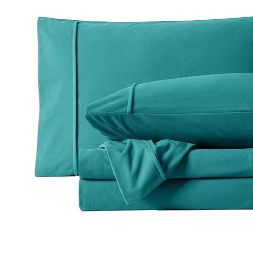 Flannel Sheets Queen Size Warm and Cozy Deep Pocket Breathable All Season Bedding Set with Fitted with Full Elastic & Built in Corner Sheet Straps, Flat and Pillowcases, Queen, Teal