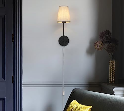 Image of Pathson Set of 2 Plug in Fabric Wall Sconce Linen Cloth Shade, 1-Light Vintage Wall Light Fixture for Living Room Bedroom