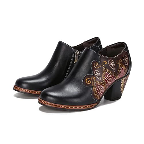 CrazycatZ Leather Pumps,Womens Colorful Vintage Block Heel Shoes Pumps4