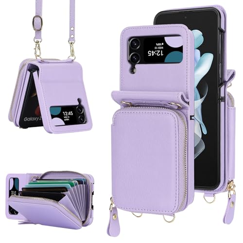 YQODSZ for Samsung Galaxy Z Flip 3 Wallet Case with RFID Blocking, Z Flip 3 Phone Case with Crossbody Strap Card Holder Women Girls PU Leather Z Flip 3 Purse Wallet Protective Case Purple