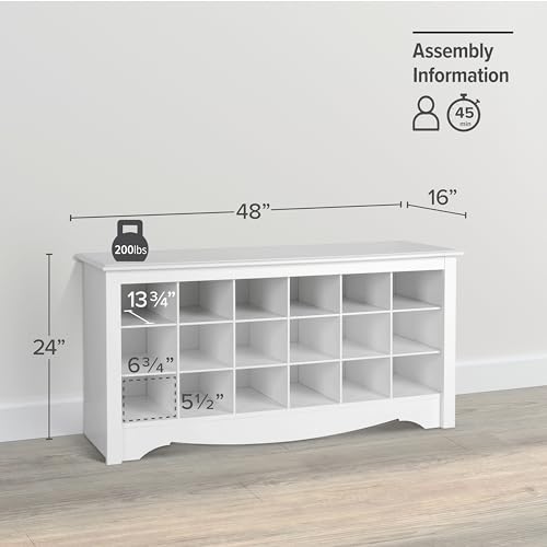 Image of Prepac White Shoe Cabinet, Entryway Bench, Mud Room Organization and Storage Bench with 18 Shoe Cubbies 16 inchD x 48 inchW x 24 inchH
