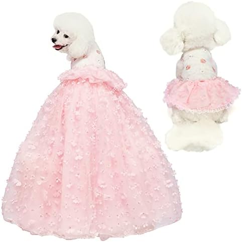 Dogs Wedding Dresses Flower Tutu Skirt with Detachable Train for Small Medium Dog Pet Outfit Formal Apparel Princess Clothes for Birthday Party Costume (Pink Set, S)