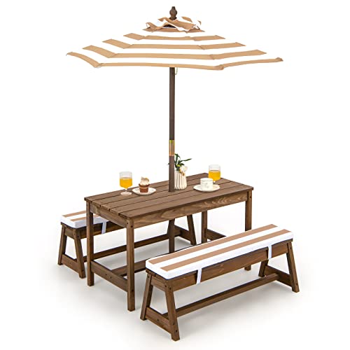 GOPLUS Table Enfant Extérieur avec Banc, Table Pique-Nique Enfant en Bois avec Parasol Hauteur Réglable, Salon de Jardin pour 1-4 Enfants, pour Terrasse,...