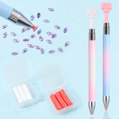 JERCLITY 2 Pieces Pink Blue Refillable Wax Pen for Diamond Painting, Rhinestone Pick-Up Nail Art Tools, 6pcs Diamond Art Wax Refills
