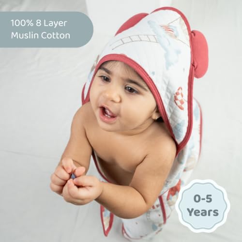 Image of haus & kinder Baby Hooded Wrapper for Newborn | 8 Layer Muslin Cotton Hooded Towel & Blanket with a Belt | Baby Towels for Infants & Toddler | 90 x 90 cm | Cloud Captain | 0-12 Months