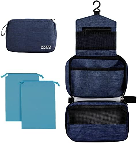 Cooja Wash Bag Hanging Toiletry Bag Men Women, Travel Washbag with Hook & Handle, 1 Toilet Bag + 2 Drawstring Bag, Dark Blue