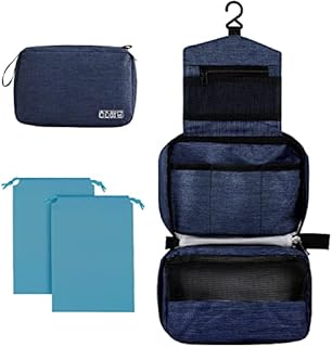 Cooja Wash Bag Hanging Toiletry Bag Men Women, Travel Washbag with Hook & Handle, 1 Toilet Bag + 2 Drawstring Bag, Dark Blue