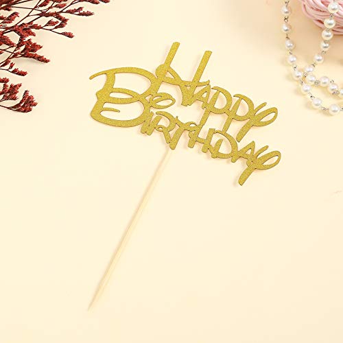 Gold Happy Birthday Cake Topper - Golden Glitter Birthday Party Cake Decoration Supplies, Cake Smash Decoration Photo Booth Props, Gold Paper Cake Topper Flags Sign #TOP3