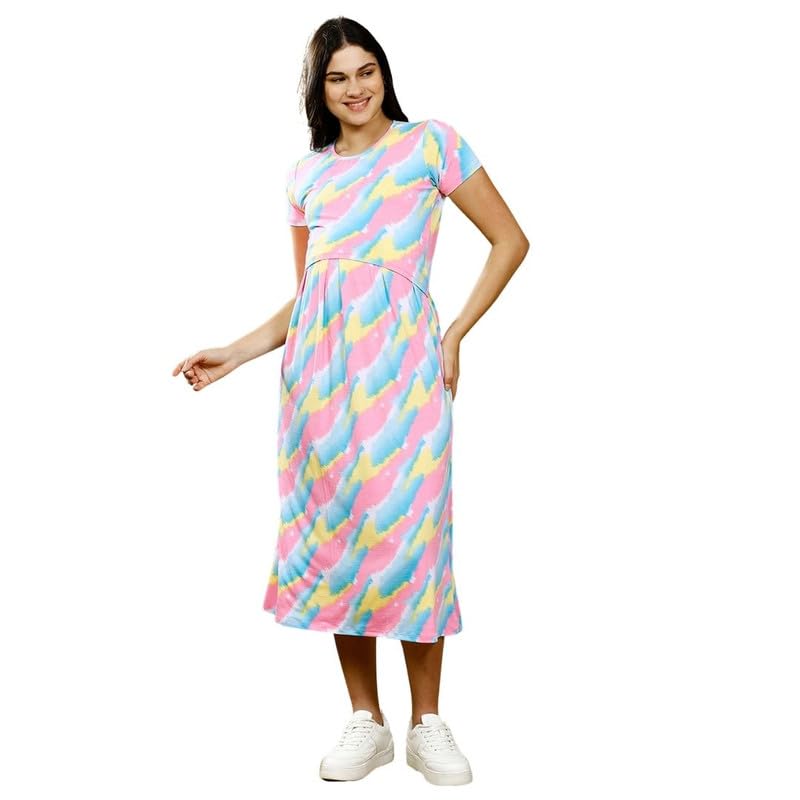True Shape Maternity Dresses for Women Cotton | Stretchable Zipless Feeding Loungewear Kurta with Side Pockets in Knitted Hosiery for Pre & Post Partum(TS542-L, Rose Pink)