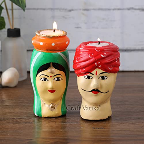 Handmade Marwari Couple Pair Tea Light Holder Wax Candle Stand For Diwali Navratri Christmas New Year Decoration Items Paper Mache Handpainted Handicrafted Rajasthani Pair Candle Diya For Home Décor #TOP1