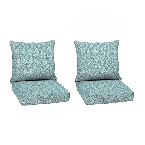Image of Arden Deep Seat Outdoor Chair Cushion Set (2-Pack), 24 in x 24 in, Weather-Proof, Rain-Proof, Fade Resistant Patio Cushion Set for Chair, Sofa, and Couch Turquoise Daphne Medallion