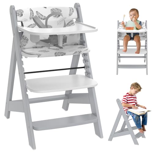 Image of Wooden High Chair with Tray, Adjustable High Chair for Babies Toddlers Adults, Convertible Baby Highchair, 5 Point Safety Harness & Soft Cushion, Removable Tray & Adjustable Footrest, Grey