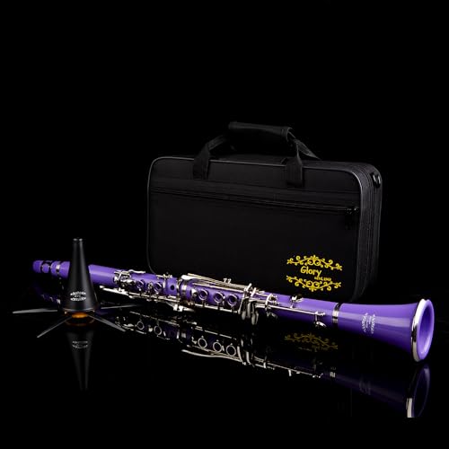 Image of Glory GLY-CLAPUR Professional Ebonite Bb Clarinet with 10 Reeds, Stand, Hard Case, Cleaning Cloth, Mouthpiece Brush and Pad Brush,Purple /Silver