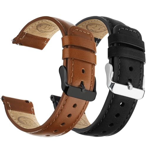 Image of Fullmosa 2 Pack 22mm Leather Watch Bands Quick Release Watch Strap for Men Women, Soft Replacement Strap Wristband with Stainless Steel Buckle,22mm Toffee Brown&Black /Black&Silver | 2 Pack Straps for Vivoactive 4(45mm), Venu 4 (45mm) /3 /2 (45mm), Samsung Galaxy 46mm, Toffee Brown+Black /Black+Silver