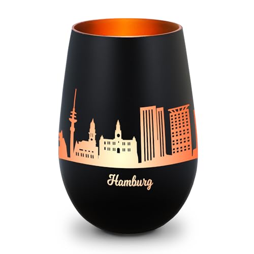 GRAVURZEILE Deko Windlicht aus Glas mit Gravur - Skyline Hamburg - Hochwertige 360° Lasergravur - Dekoratives Geschenk als Andenken, Souvenir oder für Sammler zum Geburtstag - Farbe: Schwarz/Bronze