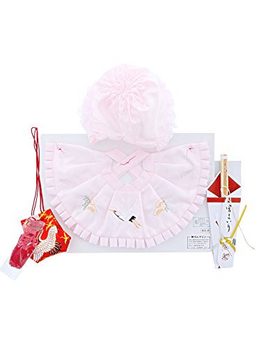 [ 京都きもの町 ] お宮参り 女の子用 フードセット ピンク フード(帽子) よだれかけ お守り袋 末広扇子 4点セット 化粧箱付き [Baby Product]のサムネイル