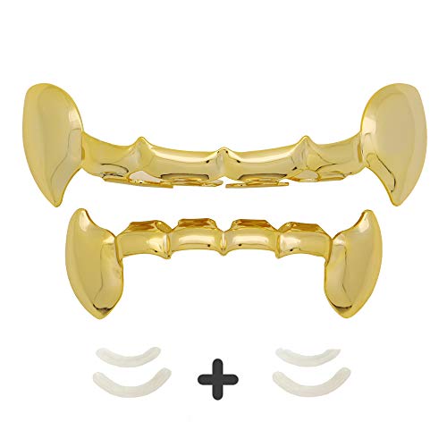 LuReen 14K Gold Vampire Fangs Teeth Grillz Hip Hop Teeth Grills Top and Bottom Set + Extra 2 Molding Bars