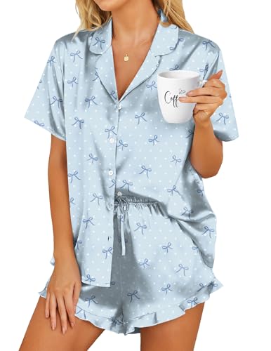 Image of HOTOUCH Womens Satin Pajamas Set Button Down 2 Piece Silk Pjs Shorts Set Ruffle Lingerie Notch Collar Sleepwear