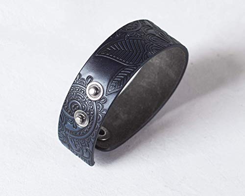 Dark Blue Leather Bracelet For Women, Hand Painted, Embossed, Wrist Size 6.00-7.25 Inches #TOP1