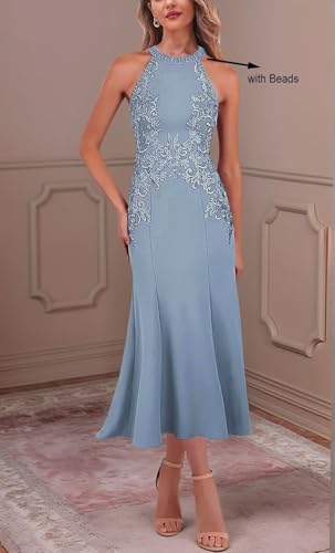 Tea Length Halter Mother of The Bride Dresses for Women Lace Mermaid Wedding Guest Dress Satin Appliques Formal Gown2