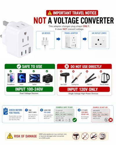 Image of HANYCONY US to UK Ireland Travel Plug Adapter, Type G Travel Adapter 2 Outlets 3 USB Ports(2USB C), UK Power Adapter Converter for USA to Dubai England London Scotland British Kenya Irish Hongkong