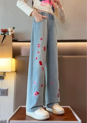 Girls Baggy Jean Casual Wide Leg Denim Pants Flower Embroidered Elastic Waist Kid Trousers Size 4-14 Years2