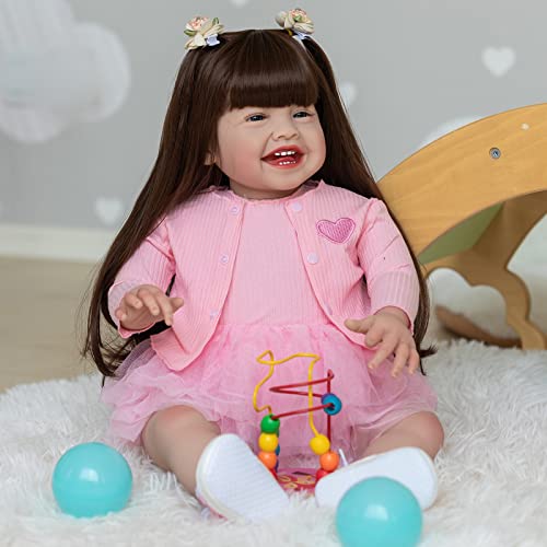 60CM Große Größe Reborn Kleinkindpuppe Mädchen Weicher Stoffkörper Lächle Glücklich Reborn Babypuppe Knuddelig… – Bild 3