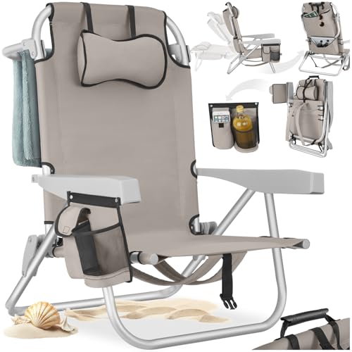 tectake® Chaise pliante Chaise Plage Fauteuil Camping, Cadre en Aluminium inoxydable, Dossier réglable 5 positions avec Appuie-tête Porte gobelet Sac...