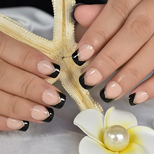 Elevenail Classic Natural Beige Pink Black Glitter French Press On False Nails Short Squoval Glossy Salon Diy Manicure Reusable Fake Acrylic Nail Art Tips With Jelly Adhesive Tabs Nail File #TOP2