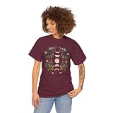 Floral Moon Phase Shirt Boho Lunar Cycle Graphic Tee with Botanical Flowers Celestial Witchy T-Shirt Maroon L