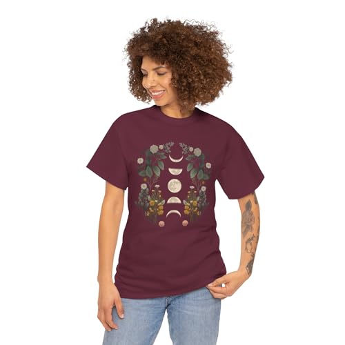 Floral Moon Phase Shirt Boho Lunar Cycle Graphic Tee with Botanical Flowers Celestial Witchy T-Shirt Maroon L