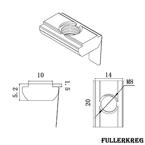 20x M8 Nutenstein 14,0 x5,2 mm für Nut 10, mit Federblech, Stahl