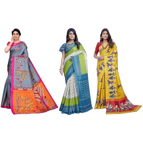 Sari en soie imprimée Yashika : le cadeau idéal en lot de 3 multicolores